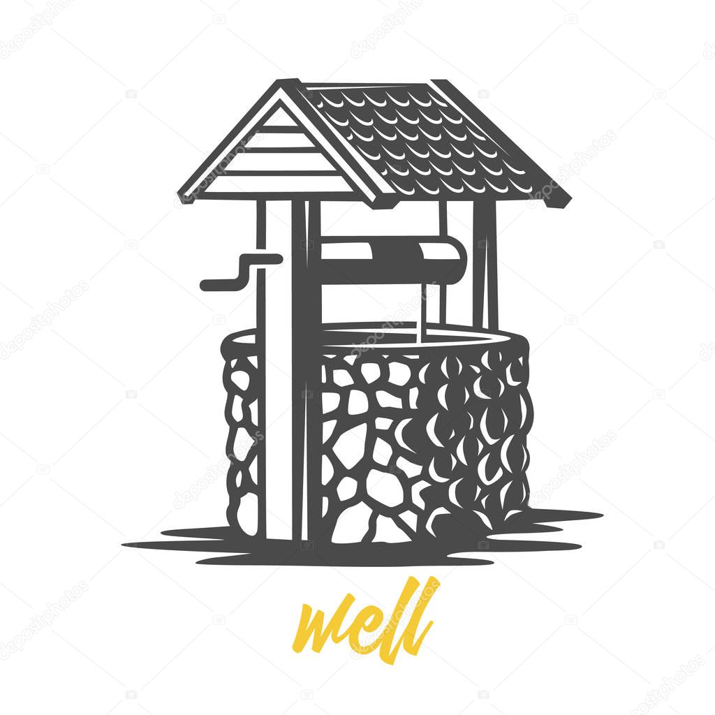 Wooden water well. Black and white illustration.