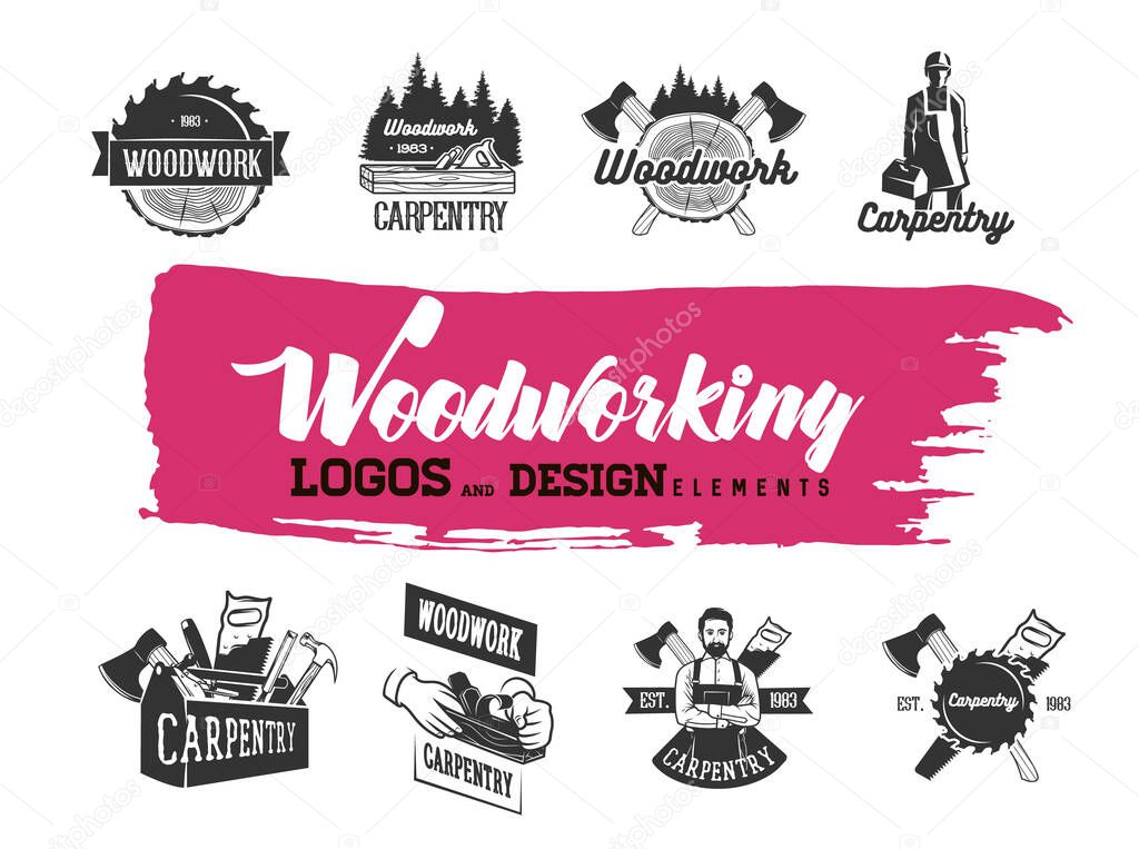 Woodworking set. Set of hand tools labels on vintage wooden background.