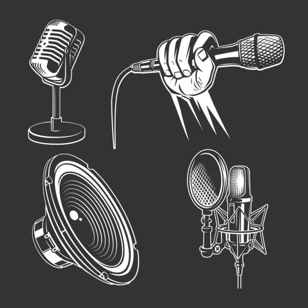 Set Karaoke Singing Freehand Icons Retro Microphone Podcast Hand Mic — Stock Vector