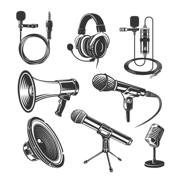 Set Grabadora Micrófono Auriculares Para Reporteros Ilustraciones Vectoriales Equipos Micrófono — Archivo Imágenes Vectoriales