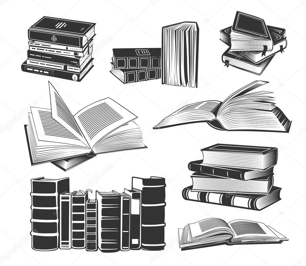 Set of books illustrations. Various books in vintage style. Hand-drawn vector design elements.