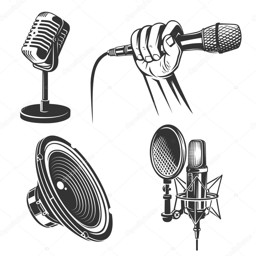 Set of karaoke singing freehand icons - retro microphone, podcast, hand with mic, singer, speaker.