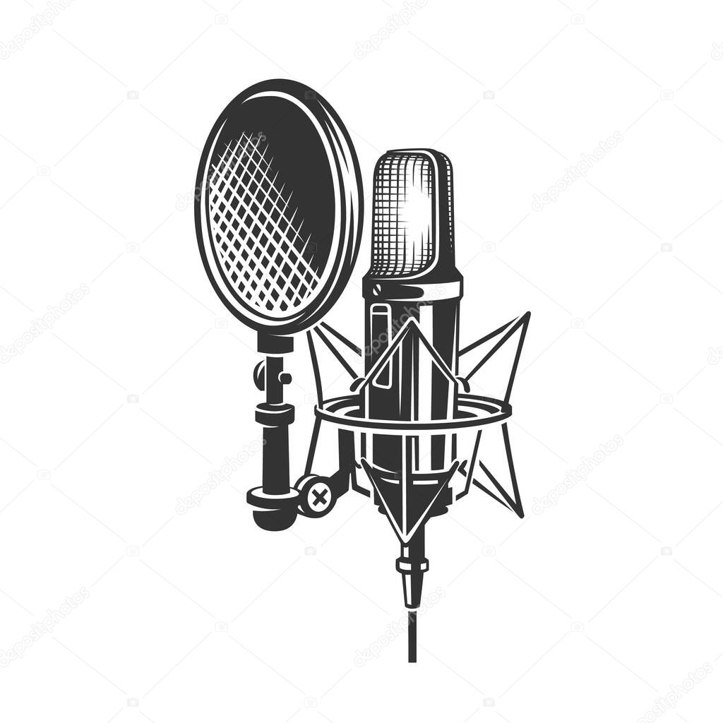 Podcast. Retro microphone isolated on white background. Design element for emblem, sign, logo, label. Vector illustration.