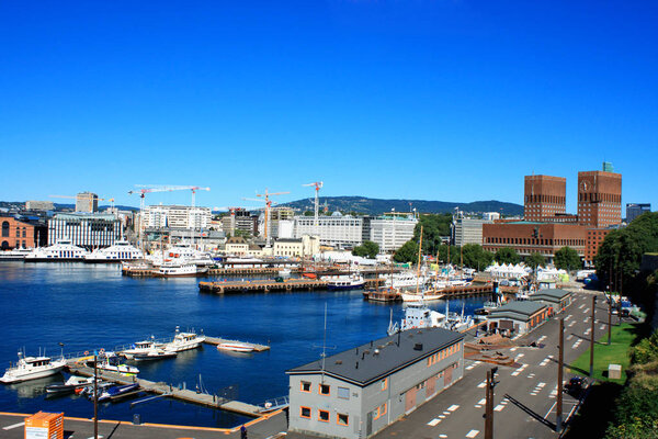 View on modern district Stranden, Aker Brygge district with lux 