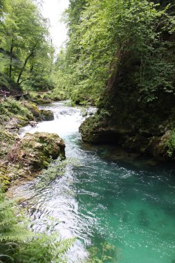 Kışın, Slovenya Blejski Vintgar gorge akan nehir Radovna