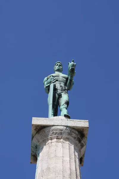 Monument sculpture of the Belgrade Victor made of bronze, located in Kalemegdan park facing the Sava River and Zemun district, Belgrade, Serbia. — Stock Photo, Image