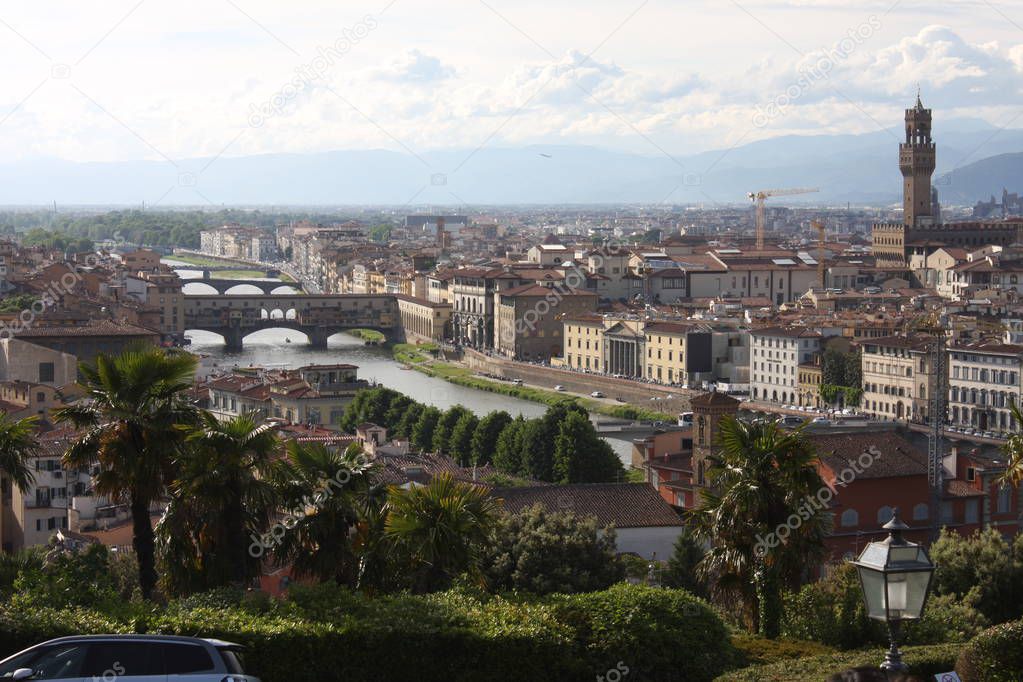 Panorama of the city of FLORENCE in Italy with bridges.