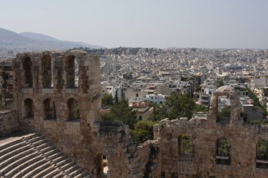 Antik Odeon Herodes Atticus Atina, Yunanistan üzerinde şehir manzaralı tepe üzerinde ayrıntılarını.