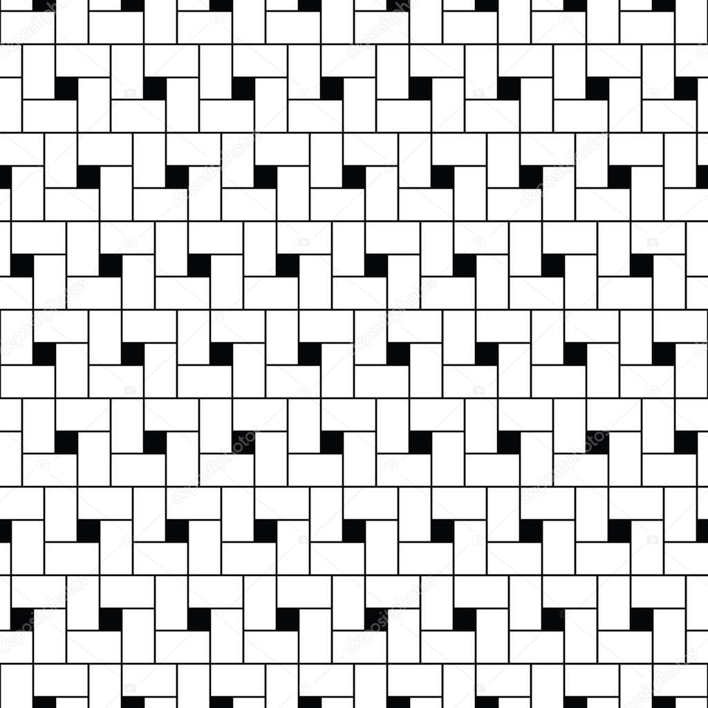 Squares tessellation vector. Repeated white checks sequence on black background. Surface pattern design with polygons. Mosaic motif. Grid wallpaper.