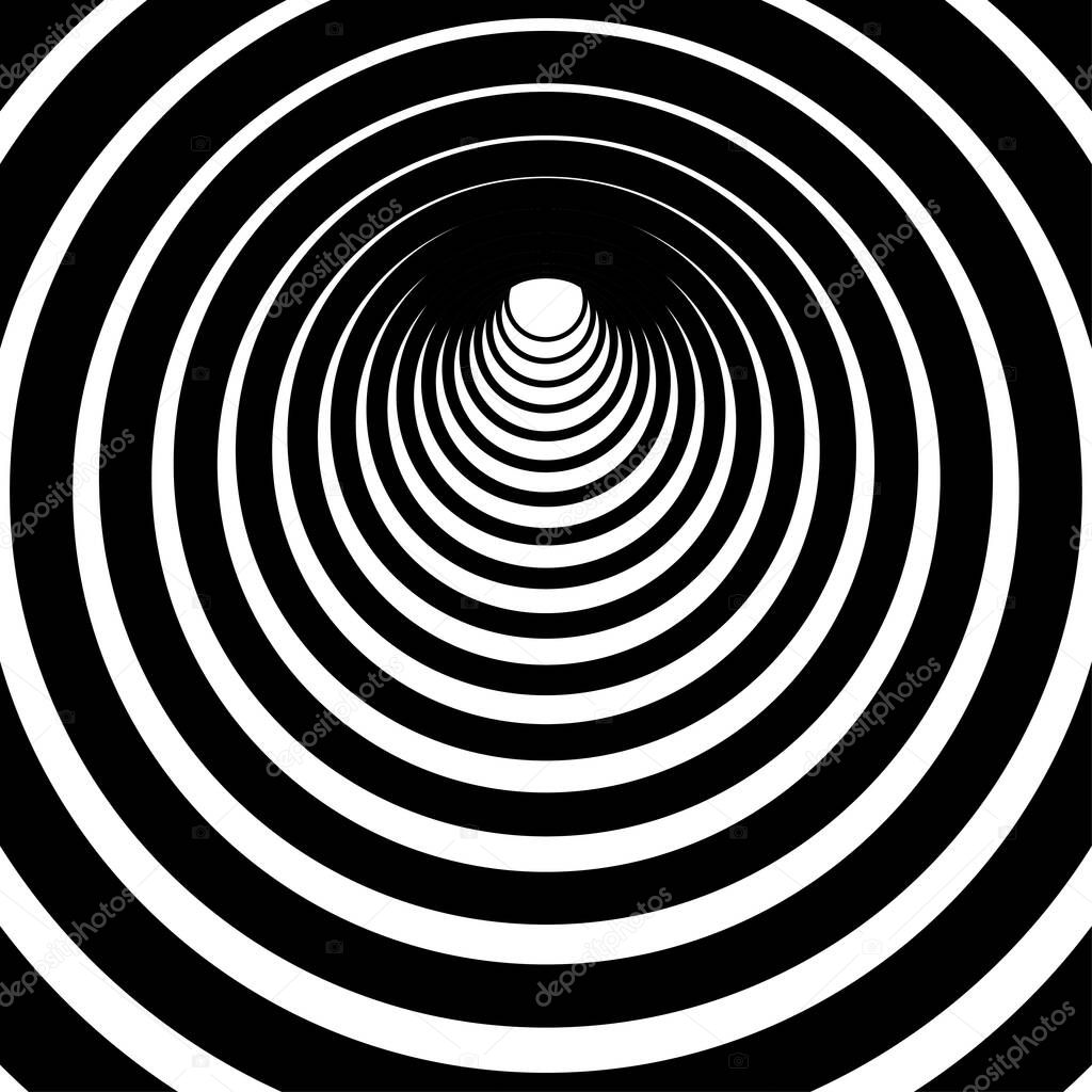 Black and white circular lines tunnel background.