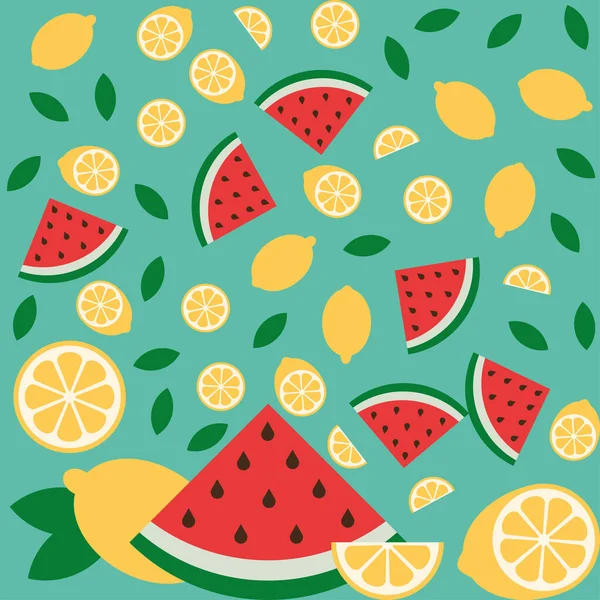 Watermelon Lemon Citrus Vector Fun Pattern Fruits Green Mint Background — Stock Vector