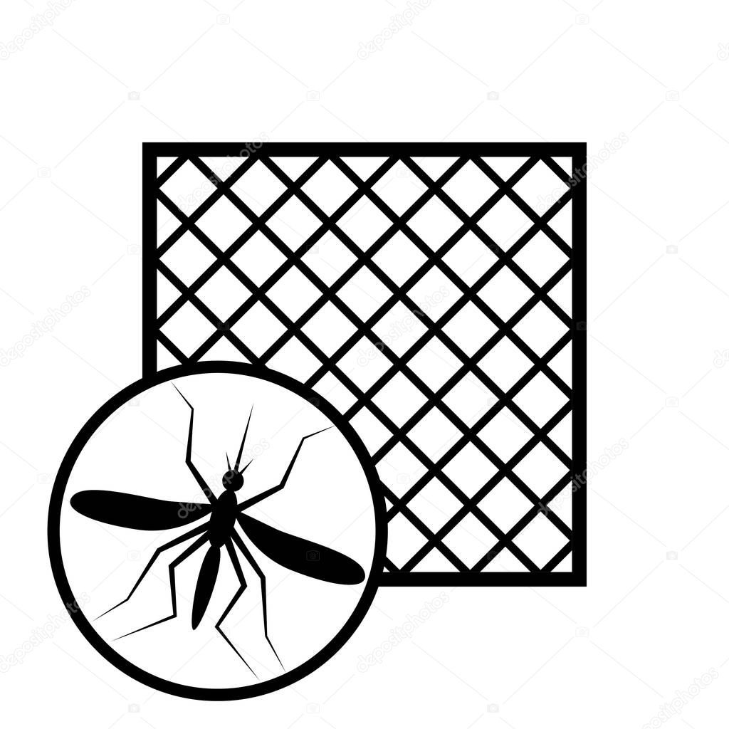 Mosquito net sign with frame for pvc window icon. Simple Anti pest insect sign netting defence isolated on white background. Vector illustration in flat cartoon style.