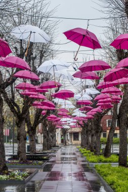 Dev şehri kırmızı ve beyaz şemsiyelerle süslenmiştir. Dev. - Letonya. 2 Mayıs 2020.