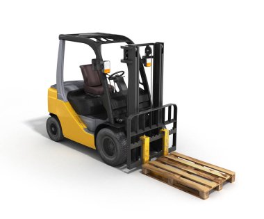 Forklift yükleyici whith palet üzerinde beyaz 3d render izole