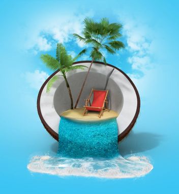 Hindistan cevizi seyahat kavramı 3d render gradi üzerinde tropikal ada