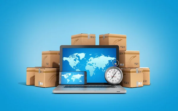 Karton dobozok csomag csomagok és laptop - logisztikai, cargo, de — Stock Fotó