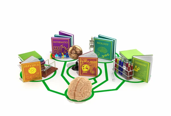 Concepto de educación, el cerebro está conectado a las líneas de los libros — Foto de Stock