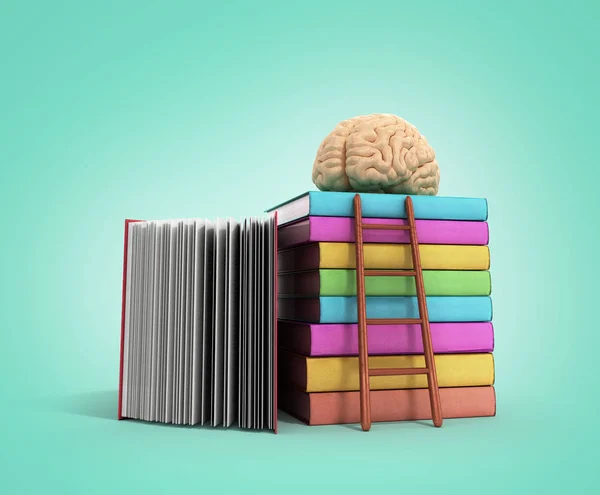 brain training concept lies on a pile of books and a wooden stai