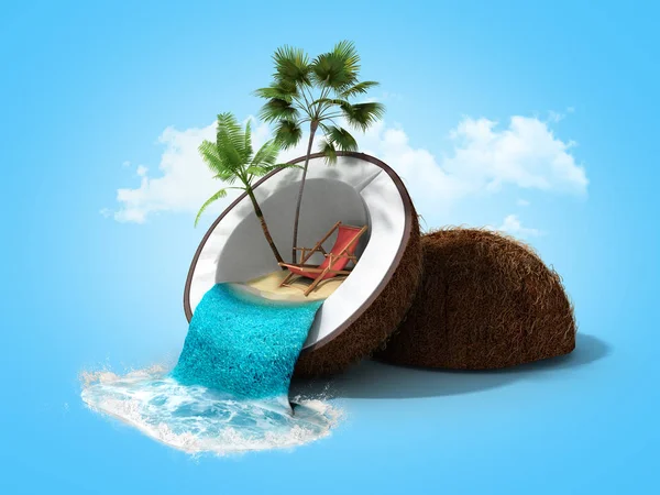 Tropický ostrov v kokosu Travell koncept 3d vykreslení na přechodu — Stock fotografie