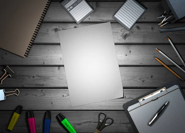 Office supplies on colorless wooden background 3d render — Stock Photo, Image