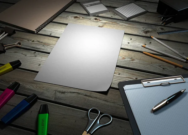 Clip board and papers and a pencil with a ruler on it 3d render — Stock Photo, Image