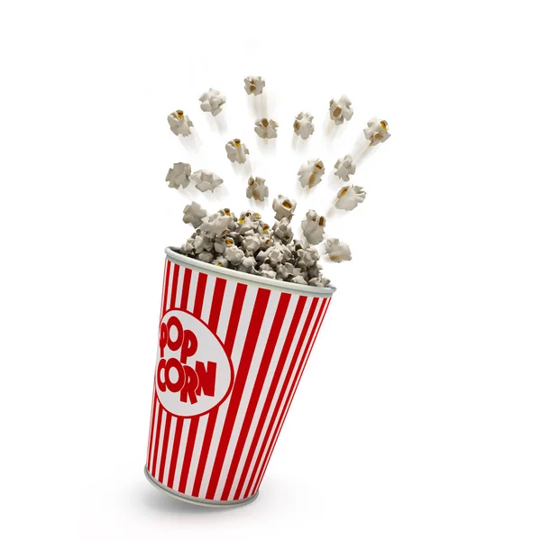 Popcorn v pruhované červené sklo letí 3d vykreslení na bílém pozadí — Stock fotografie