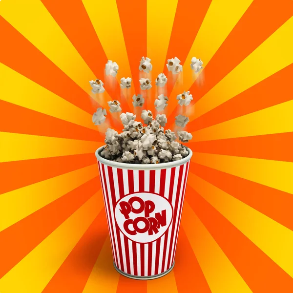 Popcorn v pruhované červené sklo letí 3d vykreslení — Stock fotografie