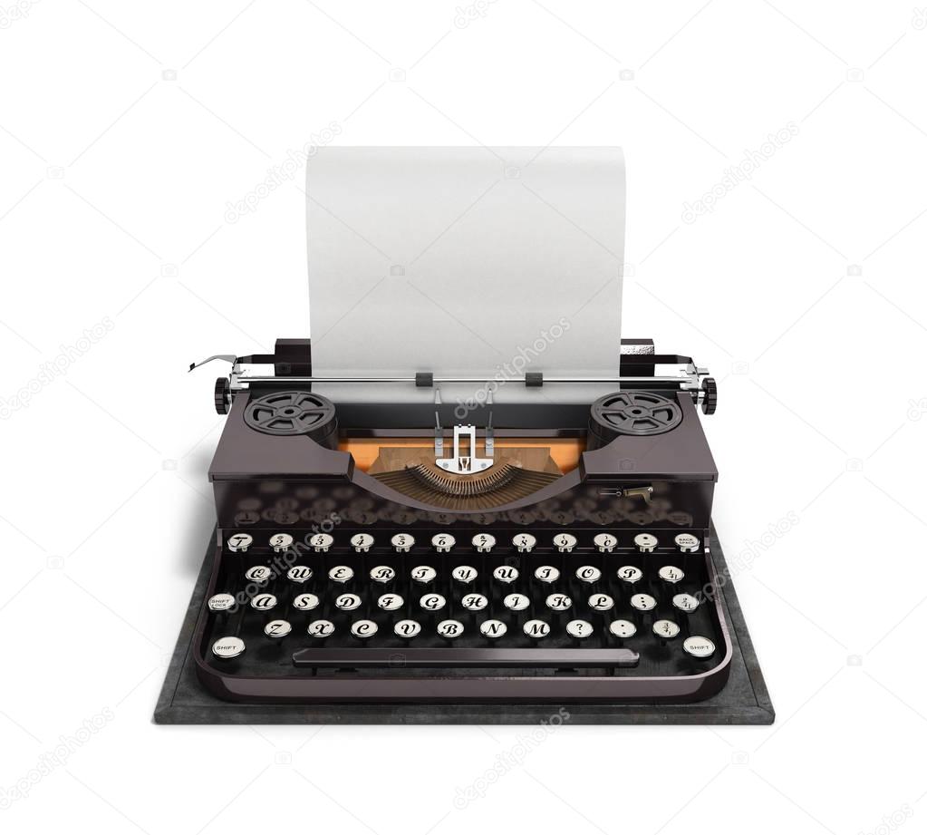 Retro rusty typewriter with paper sheet 3d render isolated on wh