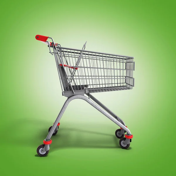 Carrinho vazio do supermercado 3d render em gradiente verde — Fotografia de Stock
