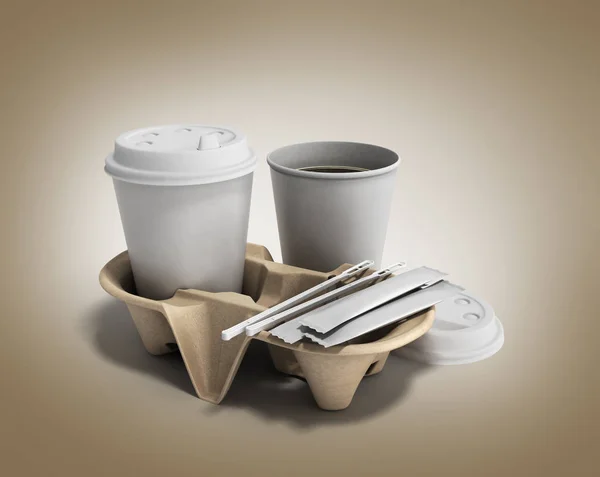 Чашка кави на картонній основі з цукром і паличками для перемішування — стокове фото