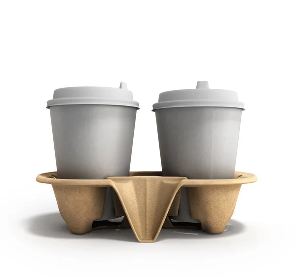 Чашки кави на картонній основі 3d рендерингу на білому — стокове фото
