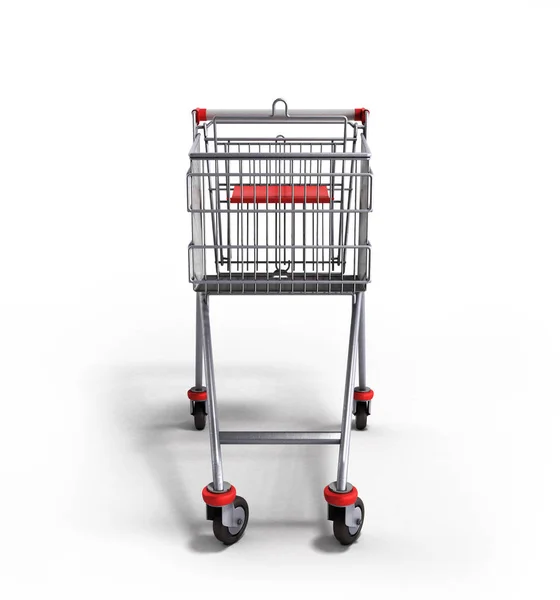Pusty wózek z supermarketu z przodu 3d renderowania na b biały — Zdjęcie stockowe
