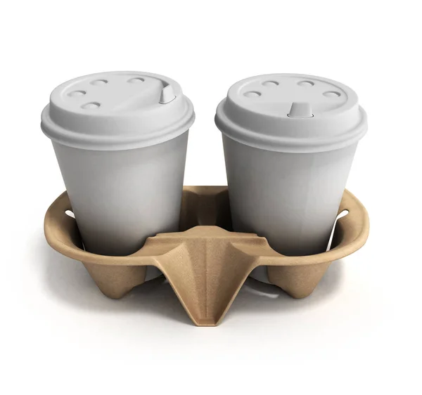 Дві чашки кави на картонній основі 3d рендерингу на білому — стокове фото