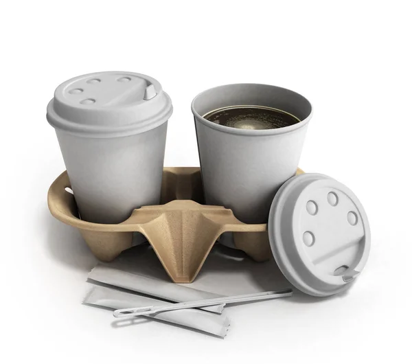 Чашки кави на картонній основі 3d ілюстрація на білому — стокове фото