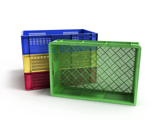 Vacío cajas de plástico de color 3d ilustración en blanco —  Fotos de Stock