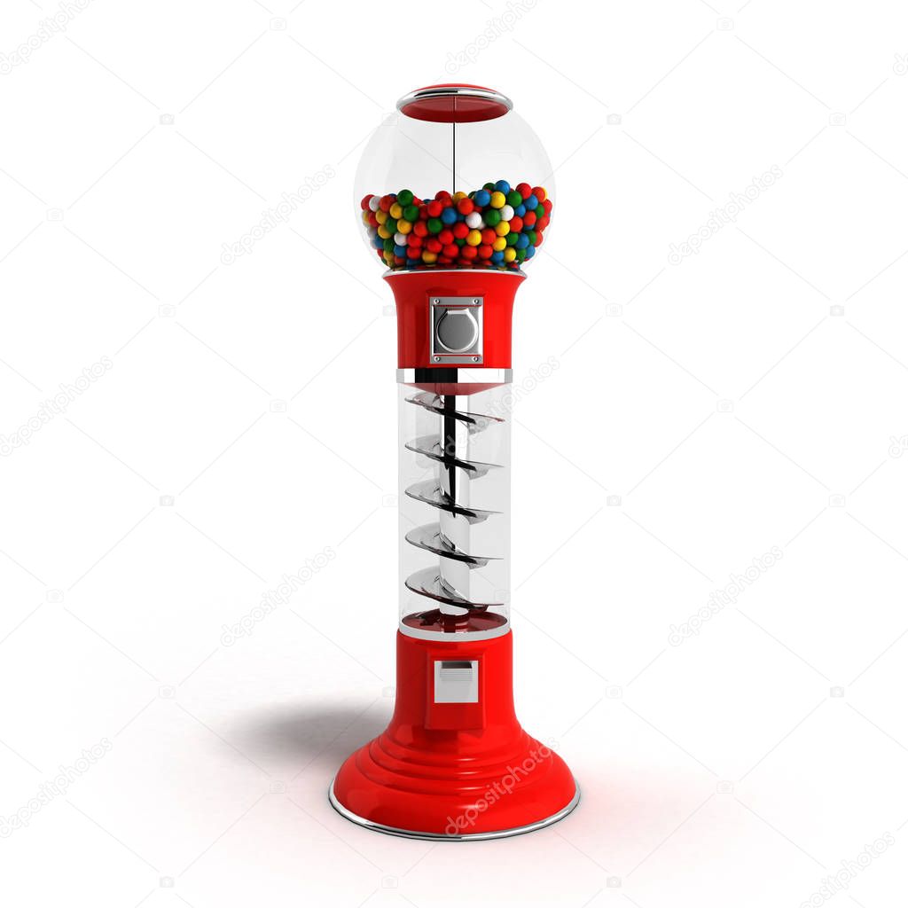 A regular red vintage gumball dispenser machine made of glass an