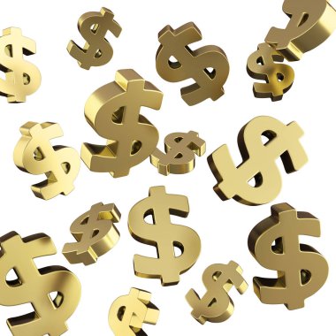 birçok altın dolar işareti 3d render beyaz sinek