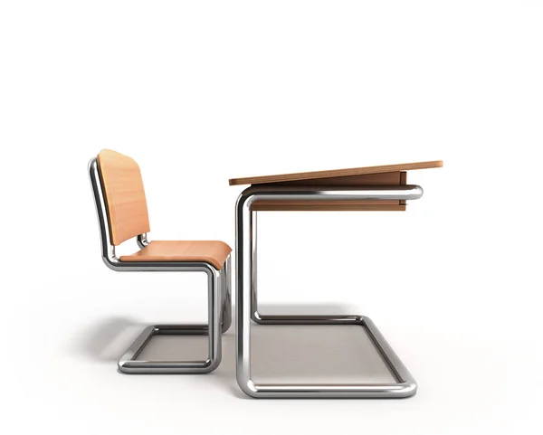 Skolan skrivbord och stol 3d render på vit bakgrund — Stockfoto