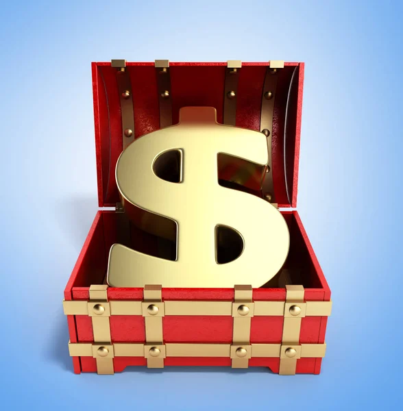Open red chest with Golden dollar sign 3d render on gradient bac — Stock Photo, Image