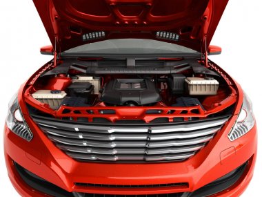 beyaz üzerine motoru 3d render manzaralı bir araba kaputu açın