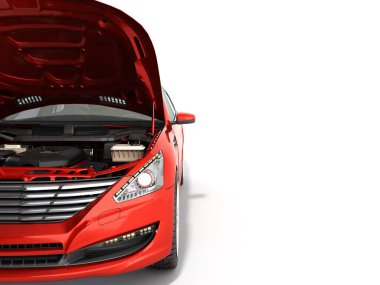 beyaz üzerine motoru 3d render manzaralı bir araba kaputu açın