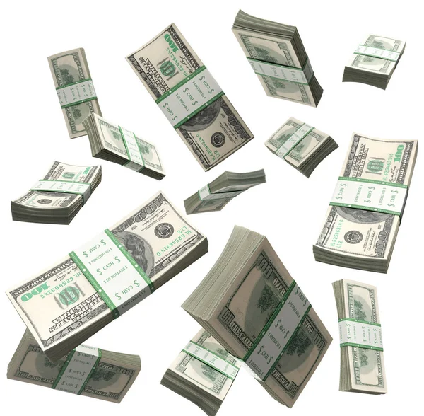 Flying a pack of dollar bills 3d render on a white background — Stock Photo, Image