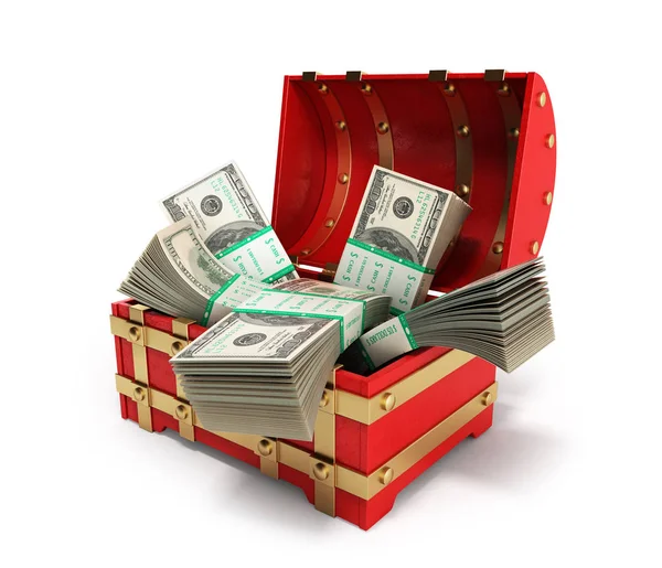 Pack of dollar bills inside a red wooden chest 3d render on a wh — Stock Photo, Image