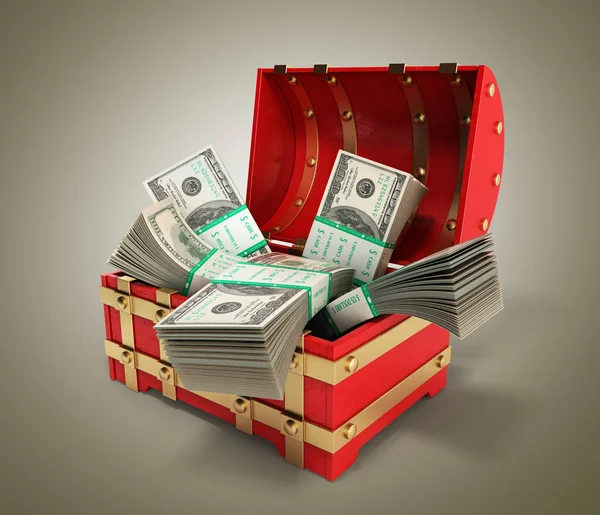 Pack of dollar bills inside a red wooden chest 3d render on grad — Stock Photo, Image