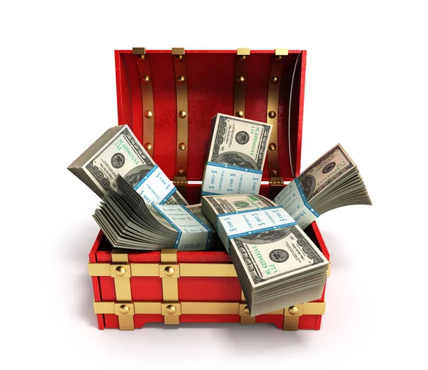 Paquete de billetes de dólar dentro de un pecho de madera roja 3d rendir en un wh —  Fotos de Stock