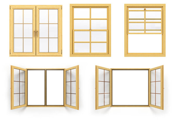 collection of wooden windows 3d render isolated on white backgro