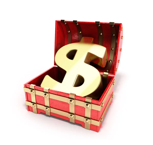 Open red chest with Golden dollar sign 3d render on a white back — Stock Photo, Image