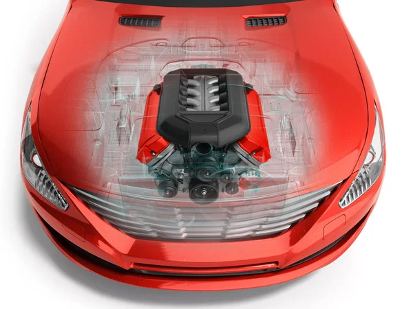 Automotor im Auto 3D-Rendering auf weiß — Stockfoto