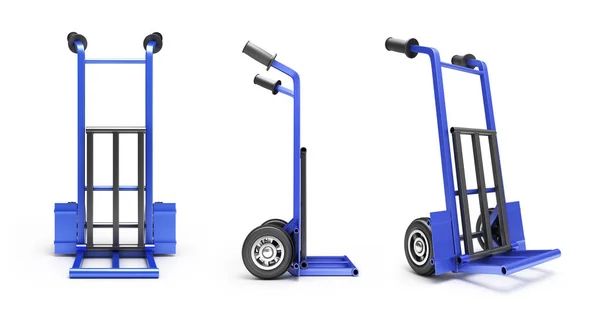 Collectie van lege blauwe tweewielige hand vrachtwagen voor het vervoer van — Stockfoto