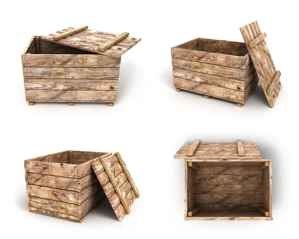 Coleção de caixa de madeira velha renderização 3d no fundo branco — Fotografia de Stock